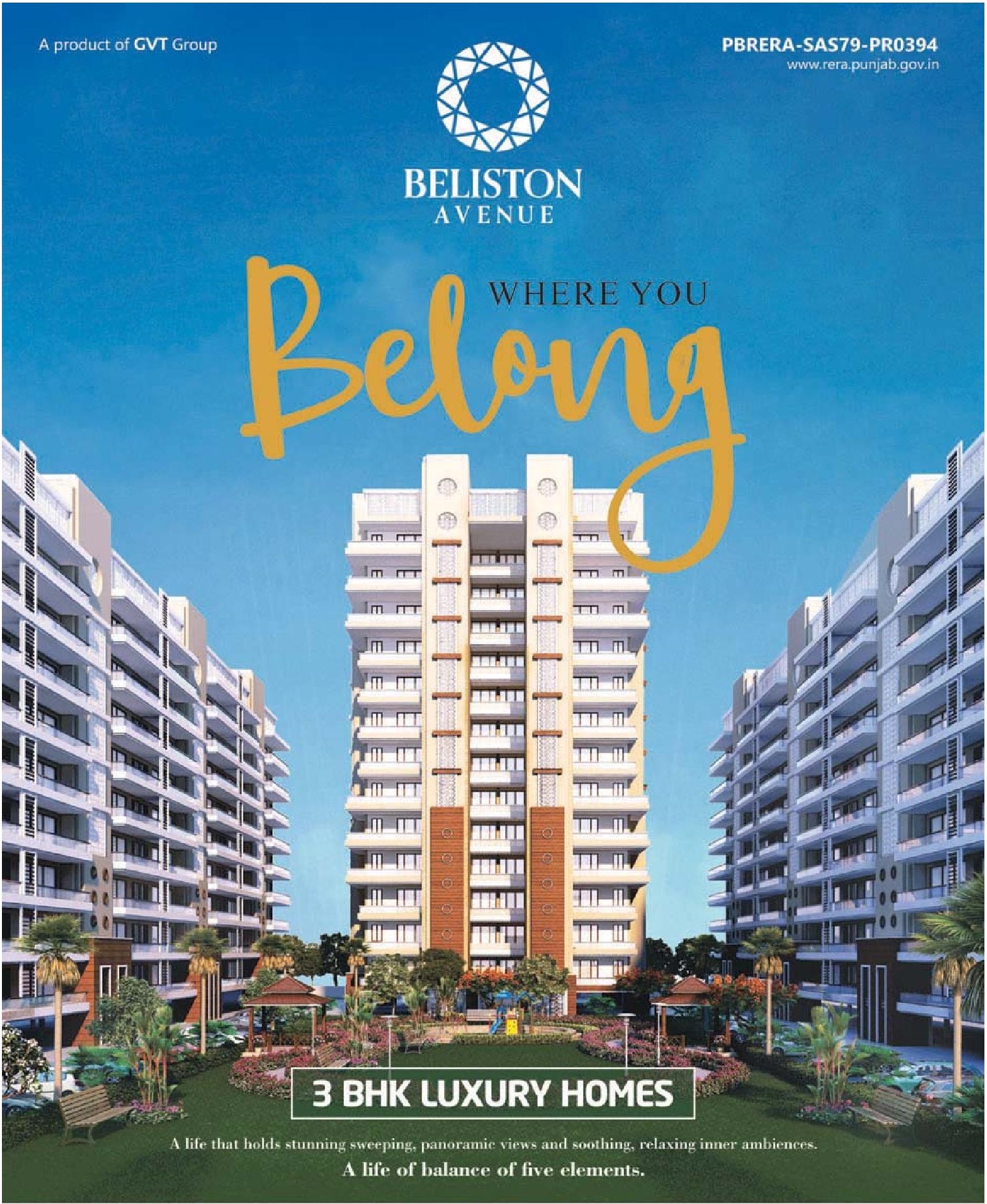 Book 3 bhk luxury homes at GVT Beliston Avenues in Gazipur, Mohali